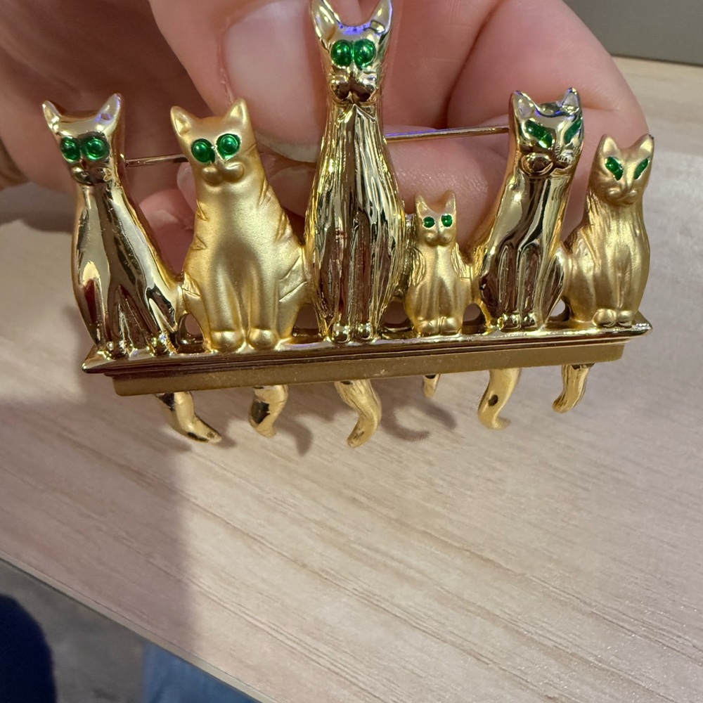 Vintage Gold Cat Brooch with Green Accents Moving tails